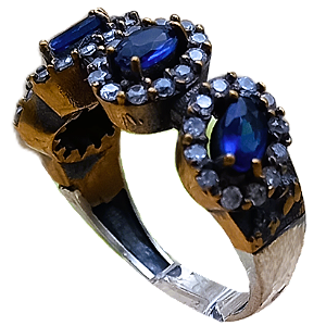 Anel Meia Aliança Turca Prata 925 e Bronze Oval Azul No. 19