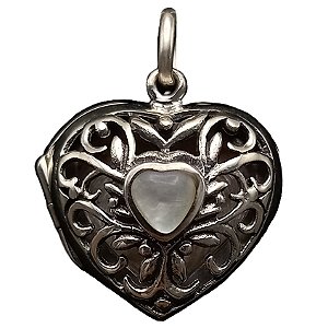 Pingente Relicário Difusor de Prata 925 Coração com Madrepérola