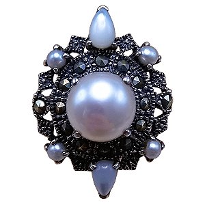 Anel de Prata 925 com Marcassitas Madrepérola e Pérola de Água Doce No. 17/18
