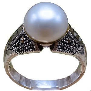 Anel Solitário de Prata 925 com Marcassitas e Pérola de Água Doce No. 21