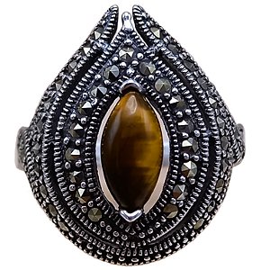 Anel de Prata 925 com Marcassitas e Pedra Olho de Tigre No. 18