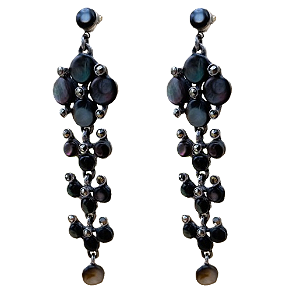 Máxi Brincos de Prata 925 Madrepérola Negra e Marcassitas 7,8 cm