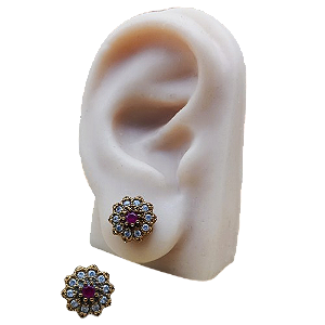 Brinco Turco de Prata 925 e Bronze Flor Rubi e Cristal