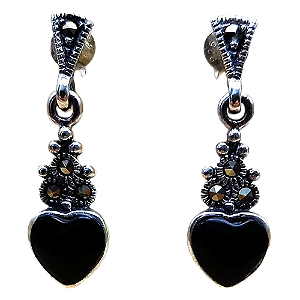 Brinco de Prata 925 Coração Ônix e Marcassitas 3g