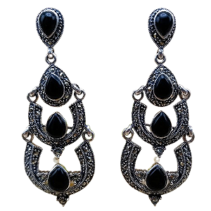 Brinco de Prata 925 Ônix e Marcassitas 6 cm