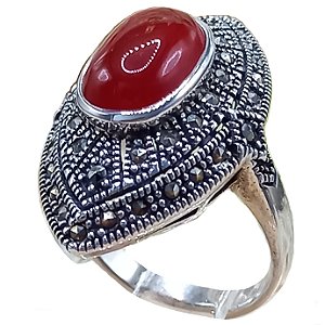 Anel de Prata 925 com Marcassitas e Ágata Vermelha