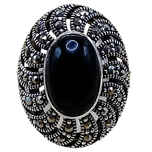 Anel de Prata 925 com Ônix e Marcassitas No. 15/16