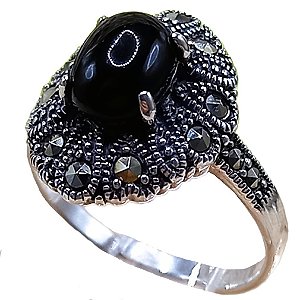 Anel de Prata 925 Oval com Marcassitas e Pedra Ônix No. 15