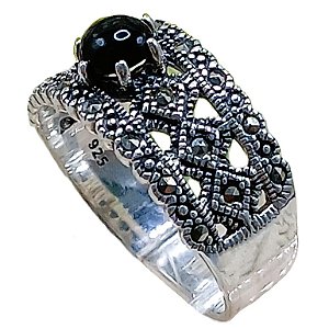 Anel de Prata 925 Solitário Esfera Pedra Ônix com Marcassitas No. 20