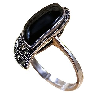 Anel De Prata 925 Folha Com Marcassitas e Ônix No. 19