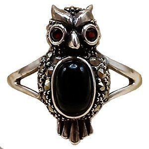 Anel Coruja Corujinha De Prata 925 Com Marcassitas Granada e Ônix No. 18