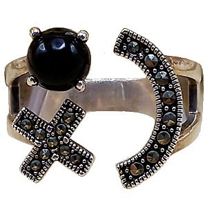 Anel De Prata 925 X Com Marcassitas e Esfera de Ônix No. 18