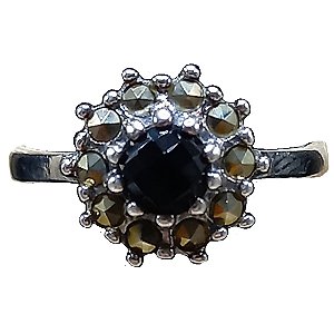 Anel Flor De Prata 925 Com Marcassitas e Ônix 3,2g No. 18