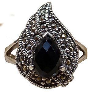 Anel Folha De Prata 925 Com Marcassitas e Ônix Facetado 7,2g No. 17