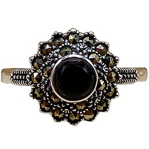 Anel Redondo de Prata 925 com Marcassitas e Pedra Ônix No. 17