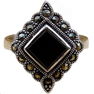 Anel Losango De Prata 925 Com Marcassitas e Ônix No. 20