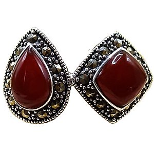 Anel Gota e Losango de Prata 925 Com Marcassitas e Ágata Vermelha No. 16