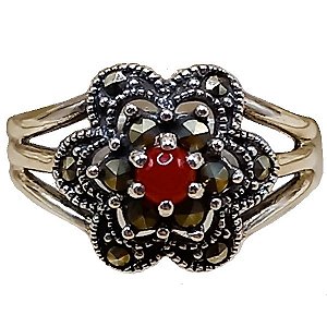 Anel Flor de Prata 925 com Marcassitas e Ágata Vermelha No. 16