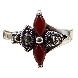 Anel De Prata 925 Com Marcassitas e Ágata Vermelha 3,3g No. 16