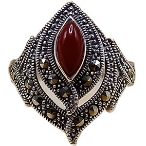 Anel Folha De Prata 925 Com Marcassitas e Ágata Vermelha 4,3g No. 16