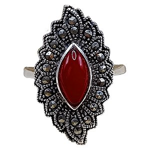 Anel Folha De Prata 925 Marcassitas e Ágata Vermelha No. 18