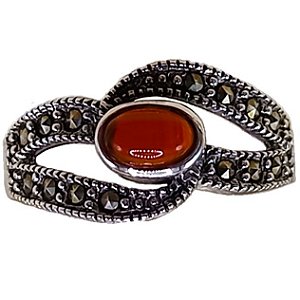 Anel De Prata 925 Com Marcassitas e Ágata Vermelha 3,8g