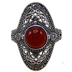 Anel Oval De Prata 925 Com Marcassitas e Ágata Vermelha 5,8g No. 19