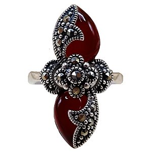 Anel Flor De Prata 925 Com Marcassitas e Ágata Vermelha 6,8g No. 19