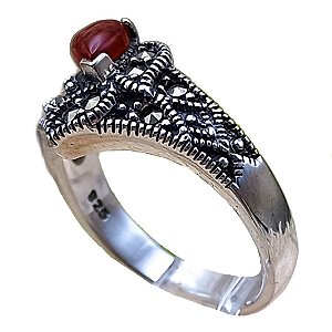 Anel de Prata 925 com Marcassitas e Gota de Pedra Ágata Vermelha No. 15