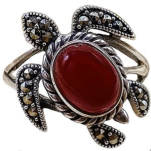 Anel Tartaruguinha De Prata 925 Com Marcassitas e Ágata Vermelha No. 16