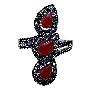 Anel Gotas de Prata 925 com Marcassitas e Ágata Vermelha No. 22