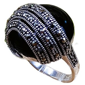 Anel Redondo de Prata 925 com Marcassitas e Ônix No. 15