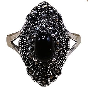 Anel de Prata 925 com Marcassitas e Ônix Oval 6g No. 16