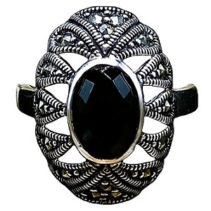 Anel De Prata 925 Com Marcassitas e Ônix Facetado No. 18