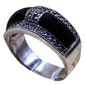 Anel De Prata 925 Com Marcassitas e Retângulos de Ônix No. 18