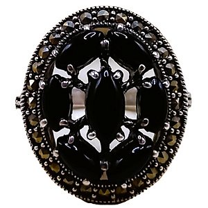 Anel Chuveiro De Prata 925 Com Marcassitas e Ônix No. 18