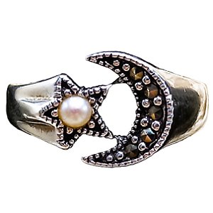Anel Lua e Estrela De Prata 925 Com Marcassitas e Pérola de Água Doce No. 16/17