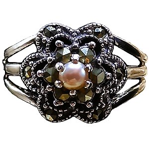 Anel de Prata 925 com Marcassitas e Pérola Rose de Água Doce No. 15/16