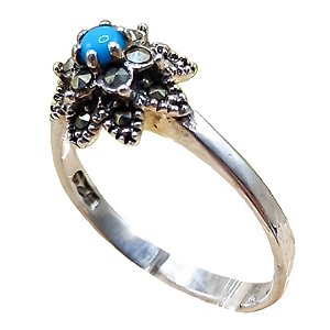 Anel Flor De Prata 925 Com Marcassitas e Turquesa No. 16/17