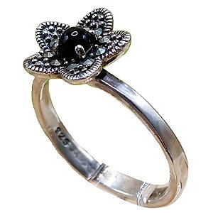 Anel Florzinha De Prata 925 Com Marcassitas e Pedra Ônix No. 19