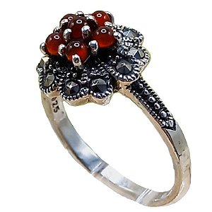 Anel Flor de Prata 925 com Marcassitas e Ágata Vermelha No. 14/15