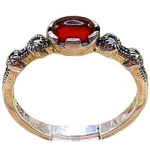 Anel Solitário De Prata 925 Com Marcassitas e Ágata Vermelha No. 19