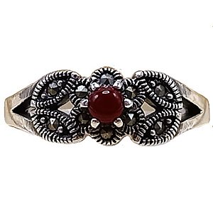 Anel Flor e Folhas De Prata 925 Com Marcassitas e Ágata Vermelha No. 16/17