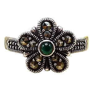 Anel Flor de Prata 925 com Marcassitas e Ágata Verde No. 15/16