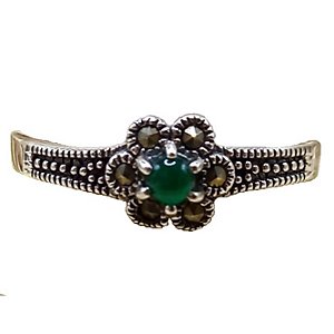 Anel Florzinha De Prata 925 Com Marcassitas e Ágata Verde No. 17/18