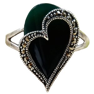 Anel Coração De Prata 925 Com Marcassitas e Pedra Ágata Verde No. 17