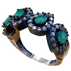 Anel Turco de Prata 925 e Bronze Gotas Verde e Cristal