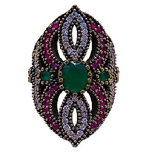 Máxi Anel Turco de Prata 925 e Bronze Verde Pink e Cristal