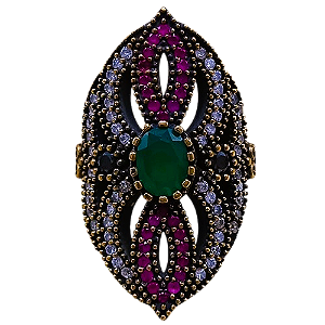 Máxi Anel Turco de Prata 925 e Bronze Verde Rubi e Cristal No. 17