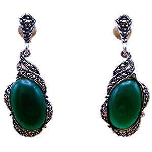 Brinco de Prata 925 com Marcassitas e Pedra Ágata Verde 4 cm